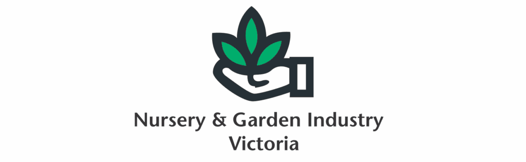 Nursery & Garden Industry Victoria logo: a dark teal hand cradling a green plant with three leaves