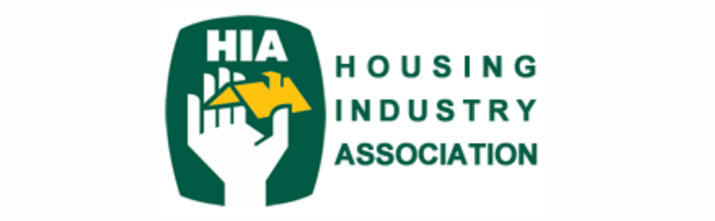HIA Housing Industry Association logo: green shield with white hands cradling a yellow house, and the 'Housing Industry Association' text to the right.